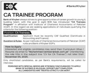 Bank of Khyber CA Trainee Program 2025
