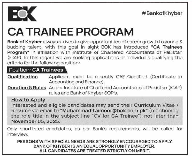 Bank of Khyber CA Trainee Program 2025